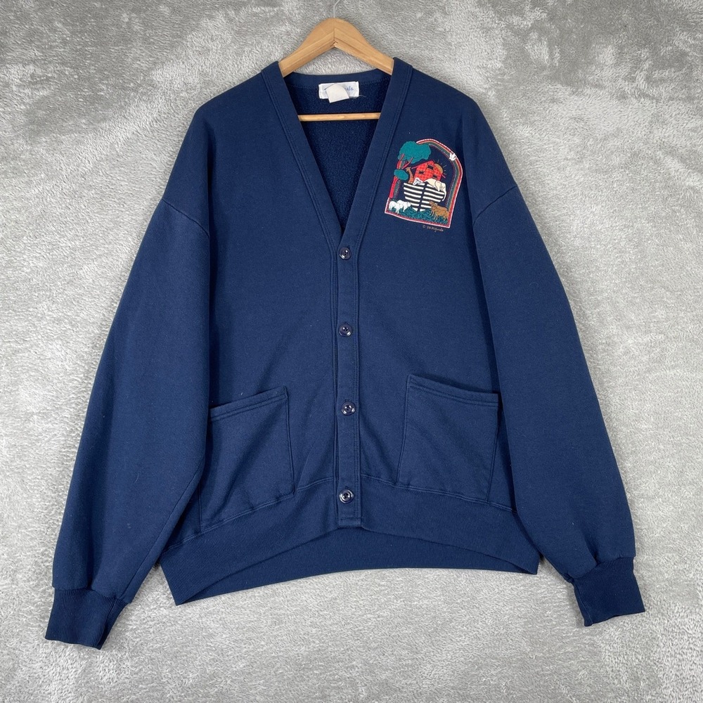 Vintage Cardigan Sweatshirt Womens OSFA Blue Noahs Ark Jesus Vintage 90s USA